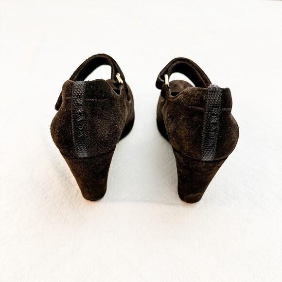 Prada Brown Suede Leather Mary Jane Wedge Pump Size 39 - Picture 4 of 6